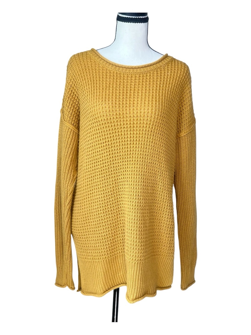 Pink Rose Mustard Waffle Knit Crewneck Sweater Coastal Grandma